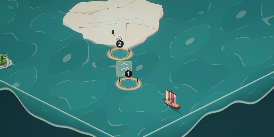An ice floe on a green sea, with two gates in front of it and the boat sailing towards them