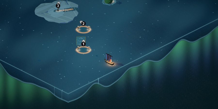 Night sailing on pack ice, with stars overhead and green northern lights beyond the edge of the sea