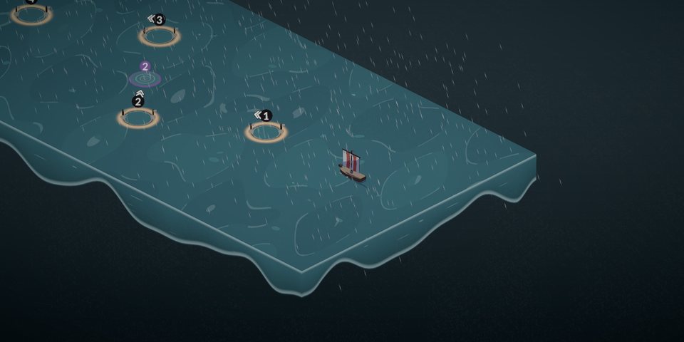 Rain slants across a dark sea while the boat beats towards a ring