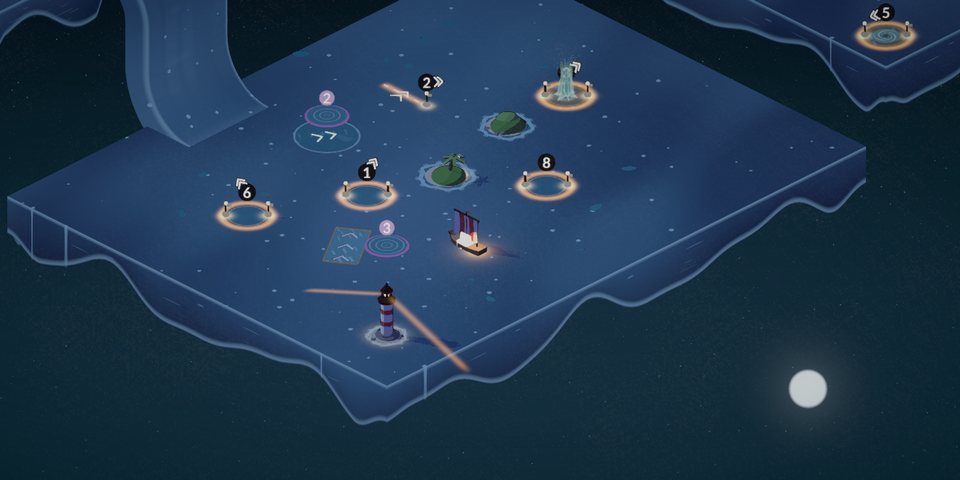 A night level under a full moon, with a lighthouse sweeping its beam across the course